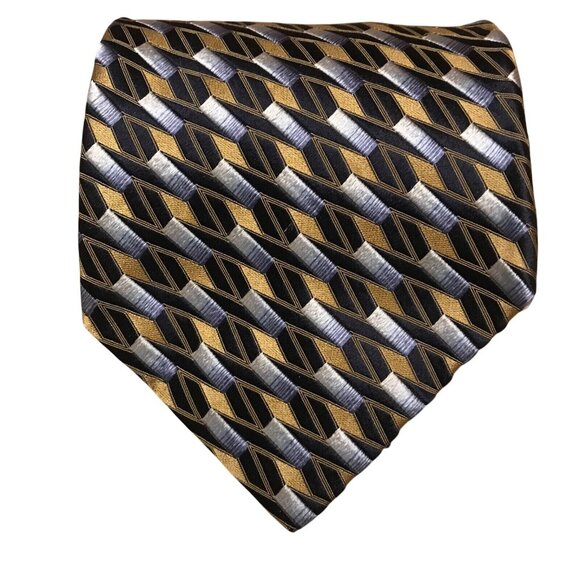 Kolte Designer Tie Italy 100% Silk Necktie Italy Gold Silver Black Geometric - Picture 1 of 5